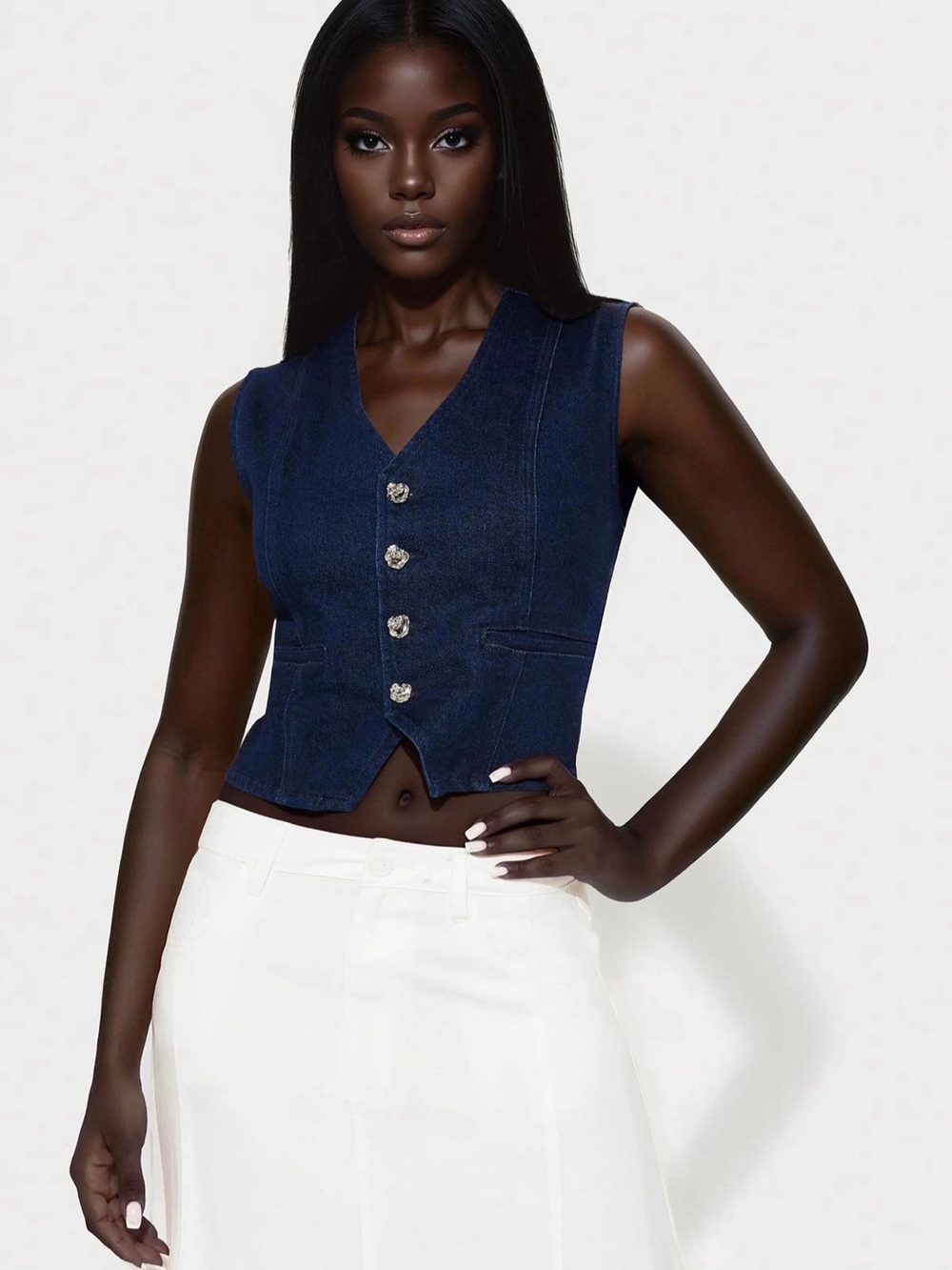 NWT - Navy Women’s Denim Button Vest, stretch, silver hardware